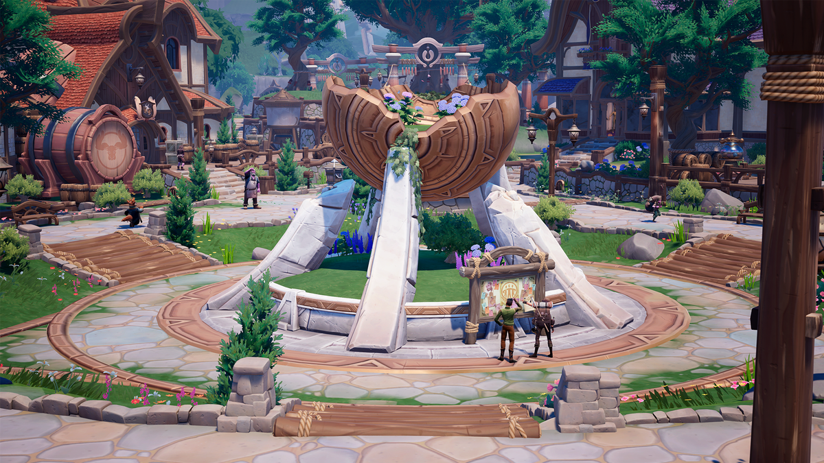 The town square of Kilima Village, which has a cracked gold and orb mounted on marble central feature with flowers planted into the ruins. Villagers and players go about their business.