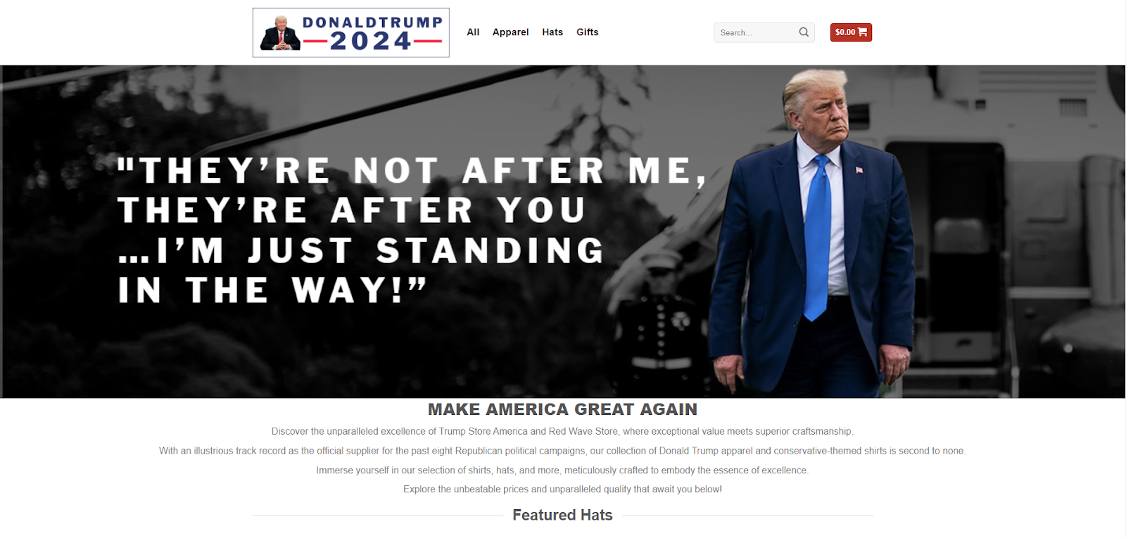 Fake Trump website with a picture of him, and text reading 