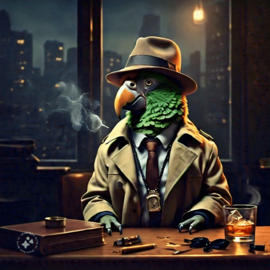 Als Noir-Detektiv verkleideter Papagei, Meta.Ai
