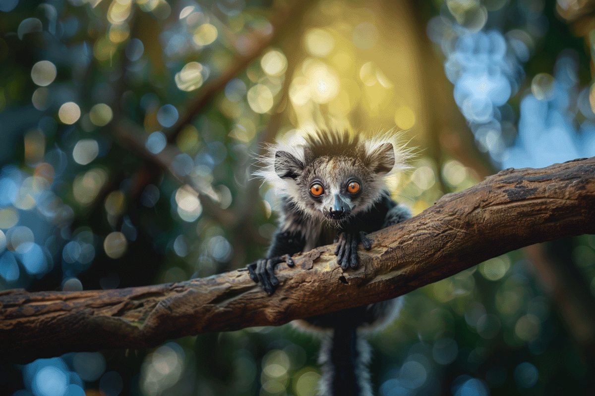Anche le specie brutte hanno bisogno di protezione della biodiversità_ Aye-aye, un tipo di lemure, seduto sul ramo di un albero_visual 4