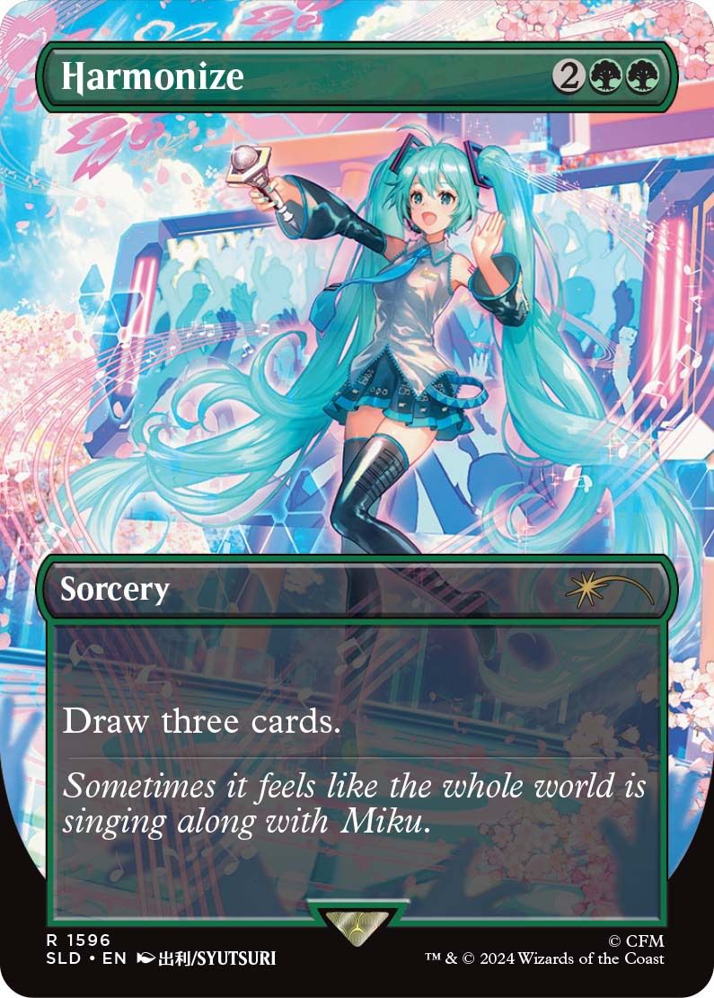 An image showing a card of Hatsune Miku performing on a stage in Secret Lair x Hatsune Miku Magic the Gathering card.&nbsp;