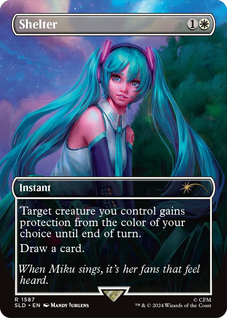 An image showing a card of sitting the grass and looking up in Secret Lair x Hatsune Miku Magic the Gathering collab.
