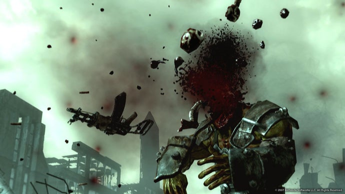 A screenshot of Fallout 3, showing a Super Mutant's head exploding.