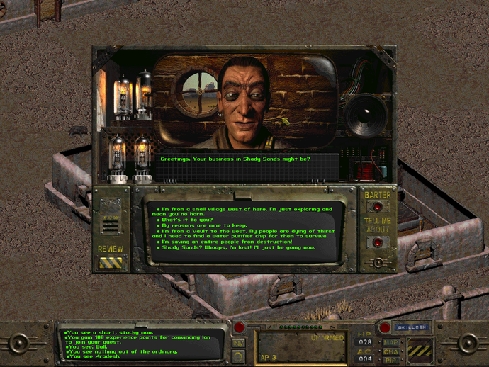 A screenshot of Fallout 1, showing the player character talking to Aradesh in Shady Sands via the game's distinctive animated dialogue box.