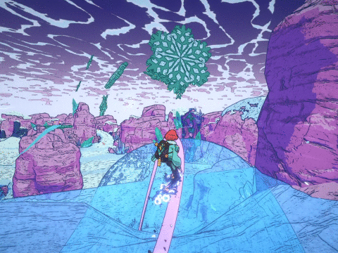 Un gif de Dungeons of Hinterberg montrant le joueur chevauchant un snowboard magique sur un rail rose à travers un monde montagneux glacial.