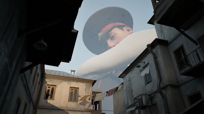Écran officiel de Militsioner, montrant un policier géant boudant dans le ciel, vous regardant avec au premier plan les toits d'un vieux village russe.