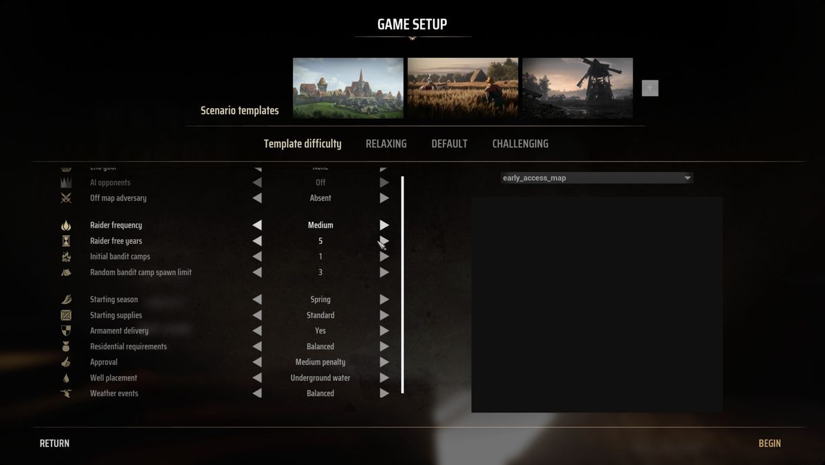 Manor Lords game setup menu for the early access