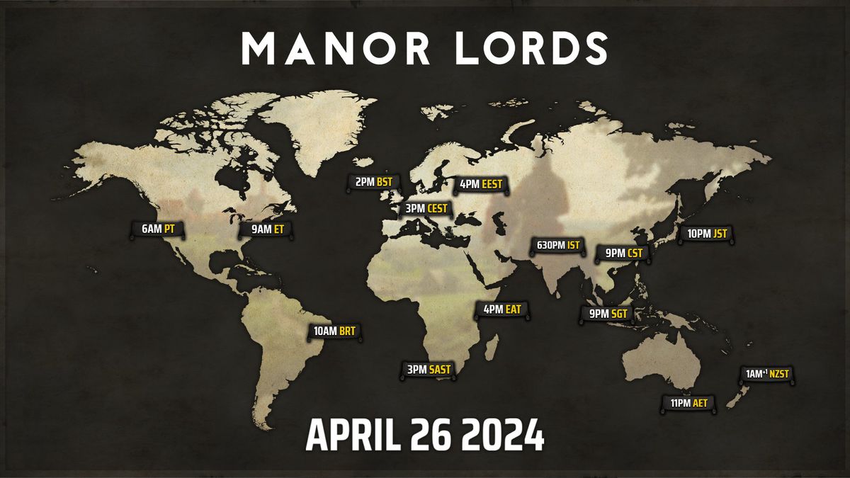 World map showing Manor Lords release times