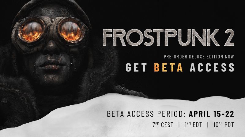 A survivor with a googly eye mask stares into the distance next to details about the Frostpunk 2 beta access period, release date, start time, and more info.