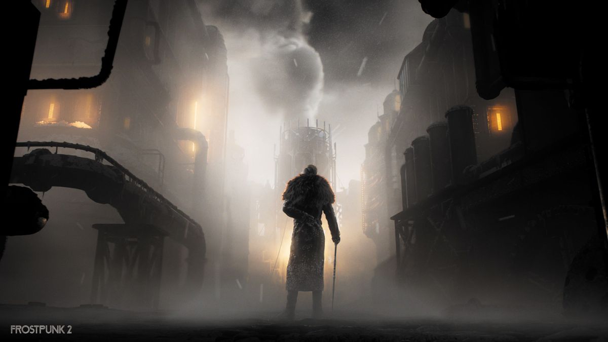 A city overseer holding a cane stares at a factory in key art for the Frostpunk 2 beta.