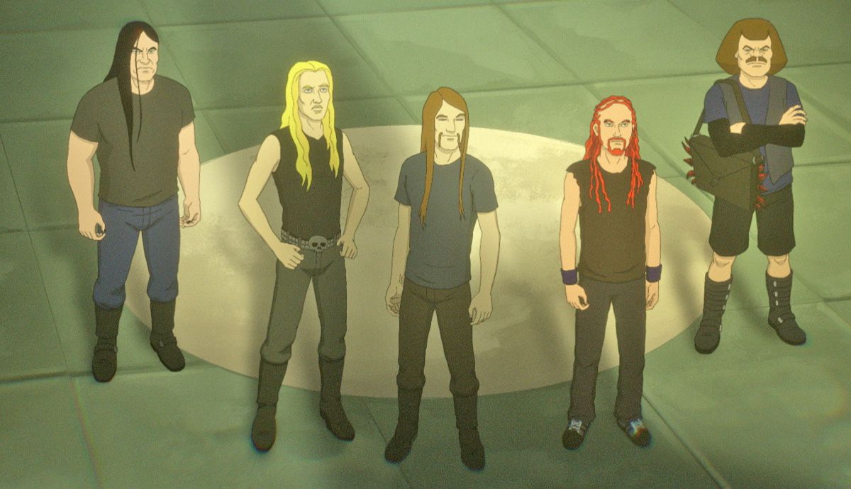 (L-R) Nathan Explosion, Skwisgaar Skwigelf, Toki Wartooth, Pickles, and William Murderface in Metalocalypse: Army of the Doomstar.
