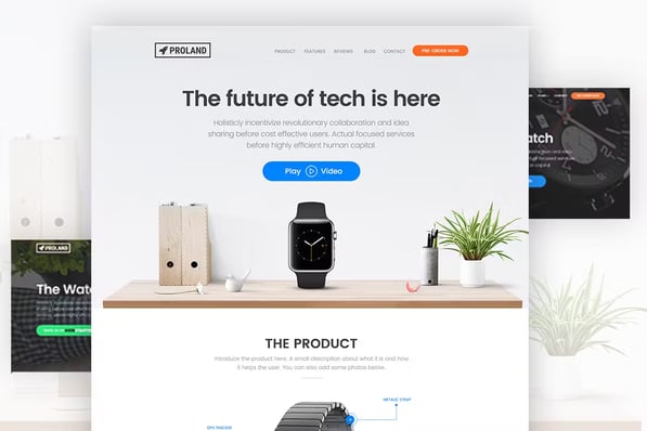 The Proland product landing page template offers marketers space to include some details about their offering alongside a CTA
