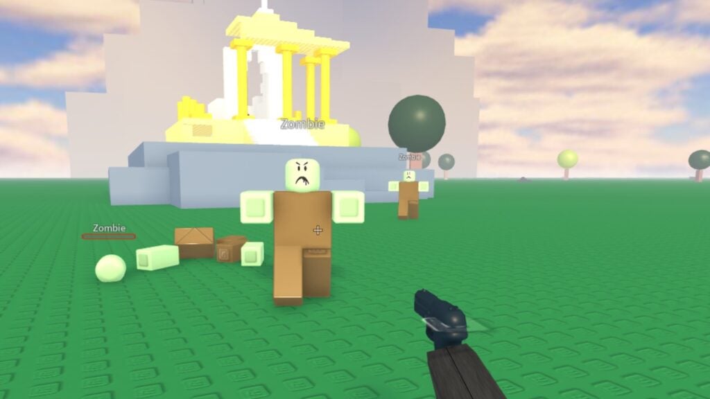 Feature image for our A Dusty Trip classic guide. It shows a player in-game shooting at blocky zombies.