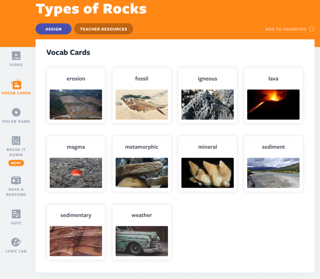 Types of Rocks Vocab Cards