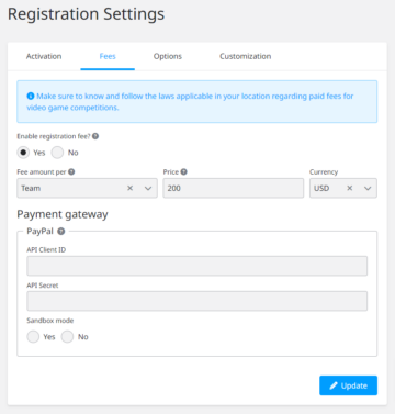 Allow Paypal payment for tournament registration