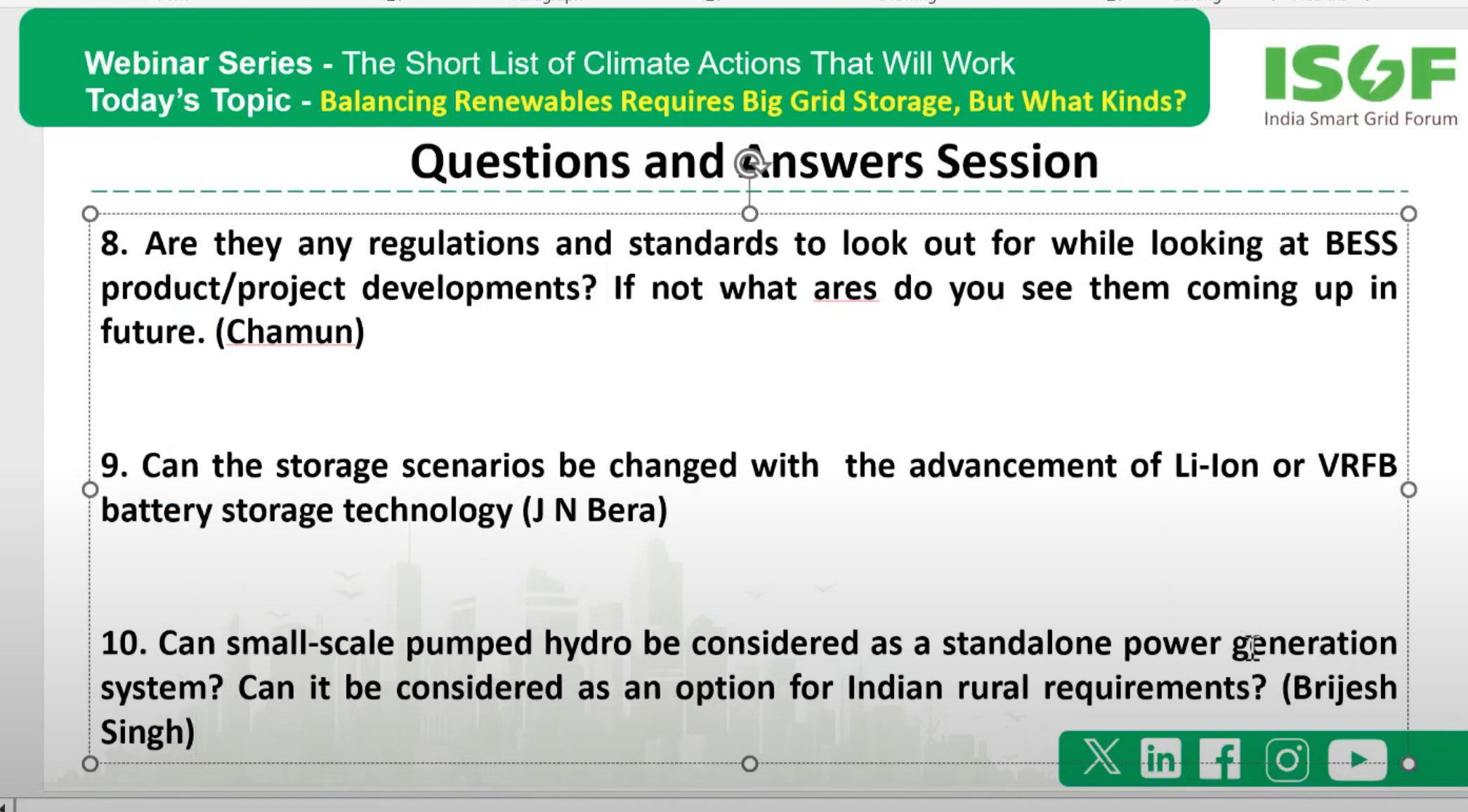 Questions from participants from Michael Barnard's seminar on grid storage through the Indian Smart Grid Forum