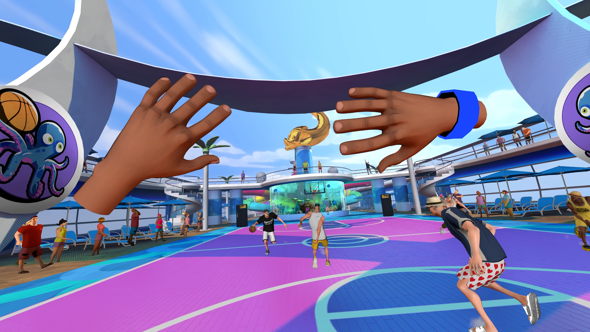 Blacktop Hoops screenshot, shows floating hands ready to block an incoming player