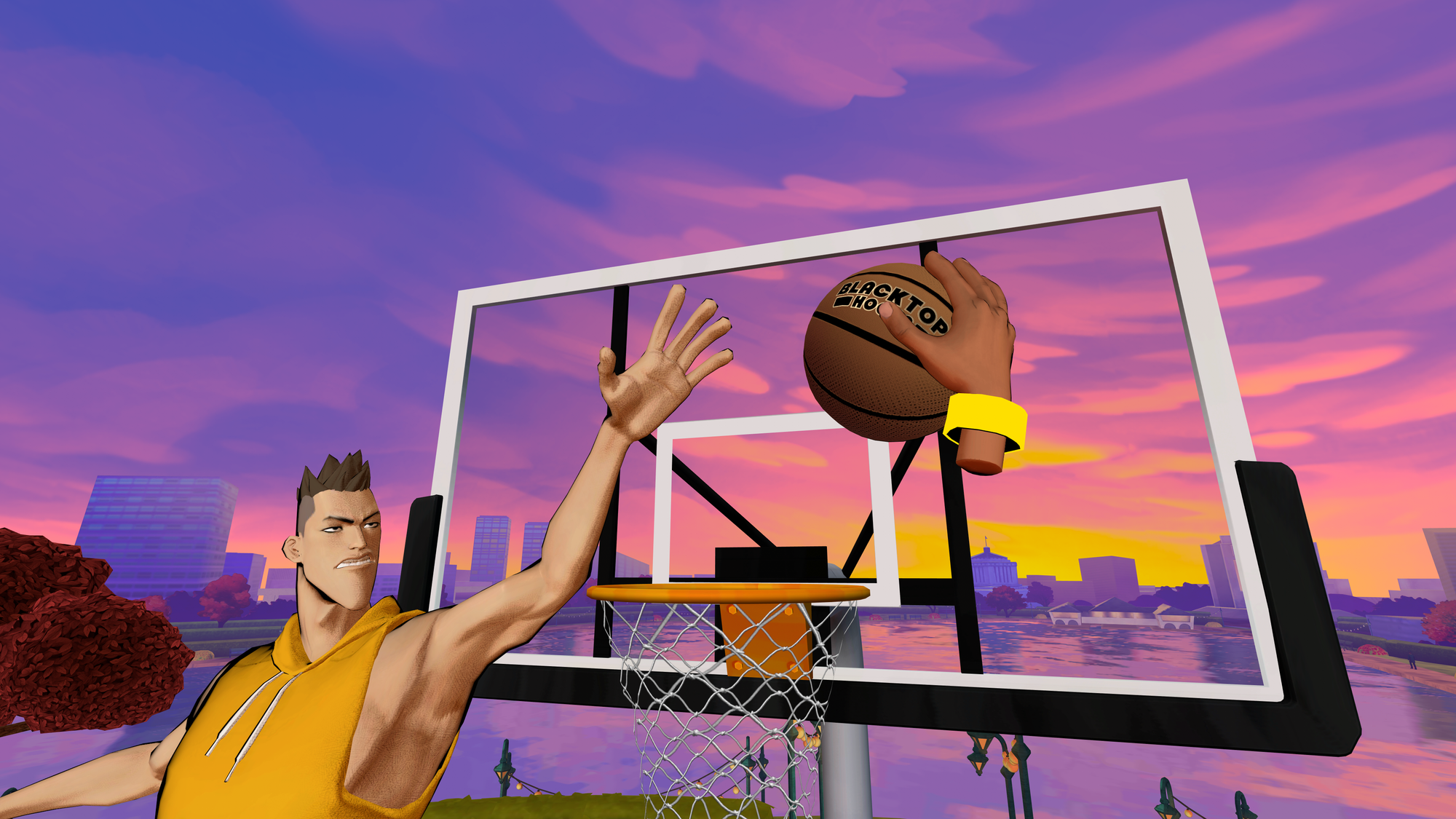 Blacktop Hoops screenshot, floating hand dunking a basketball as someone blocks you