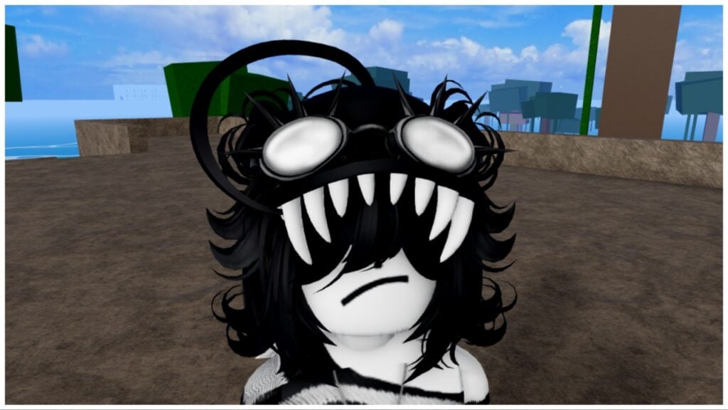 Feature image for our blox fruits stat reset codes guide which shows an up close shot of my avatar who is pale white with a frown. She has short black hair and a cap with teeth on it and goggles which resemble eyes. Weirdcore