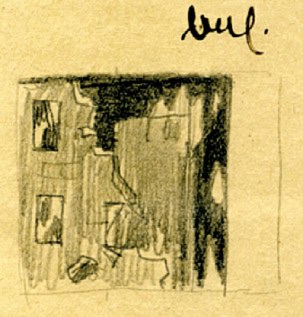 A pencil sketch of a bombed, broken building