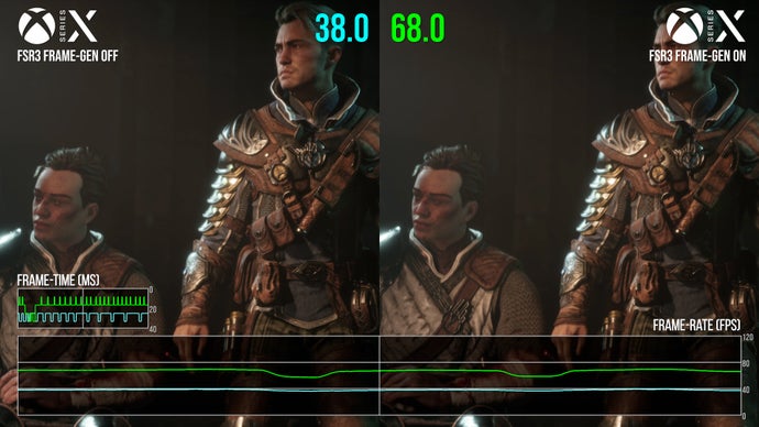 Performance comparison of FSR Frame Gen on and off in Immortals of Aveum.