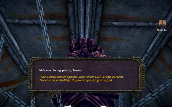 Image from the game Dread Delusion. The screenshot depicts a faceless creature with a text box that reads, "Welcome to my prison, human. The words smash against your skull with dread portent. There's no mistaking it; you're speaking to a god."