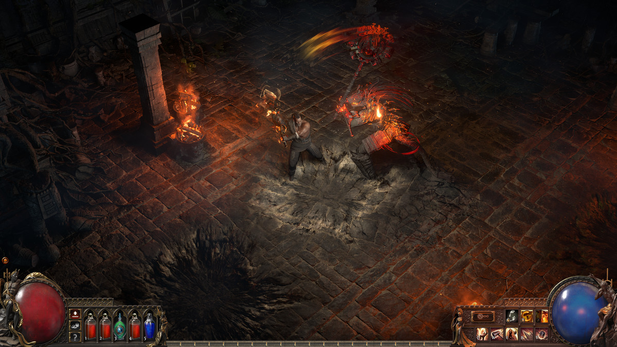 A Barbarian takes a swing at a flaming, demonic foe, just as the enemy is taking a swing at the Barbarian in Path of Exile 2