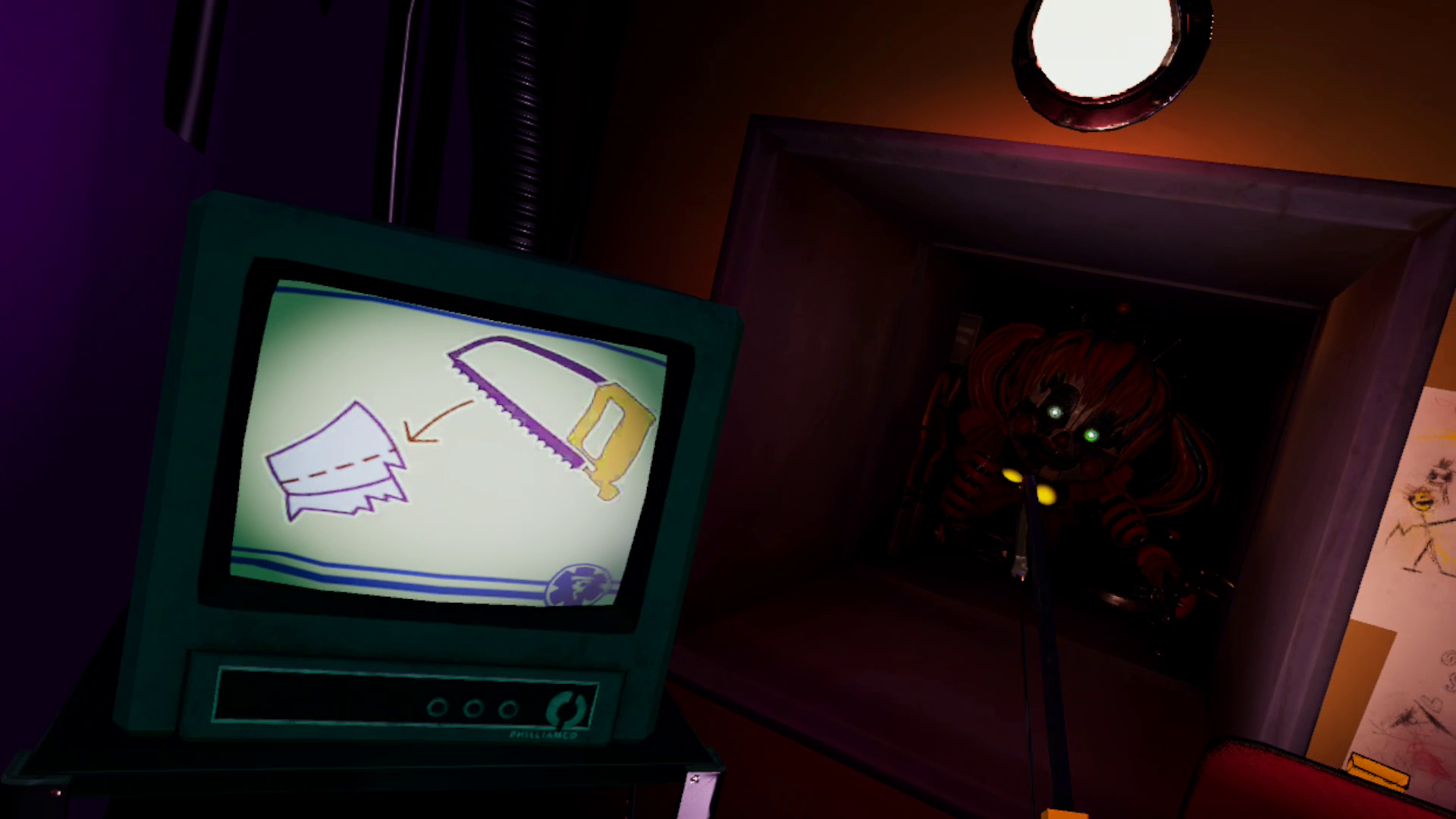 A TV with instructions for the player next to an open vent, with the corrupted, partially damaged animatronic version of Circus Baby clawing her way towards the player with glowing eyes and talon-shaped fingers