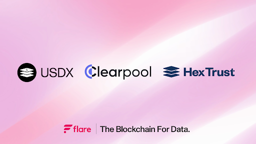 USDX, Clearpool, Hex Trust, and Flare Network logos on a pink and white gradient background.