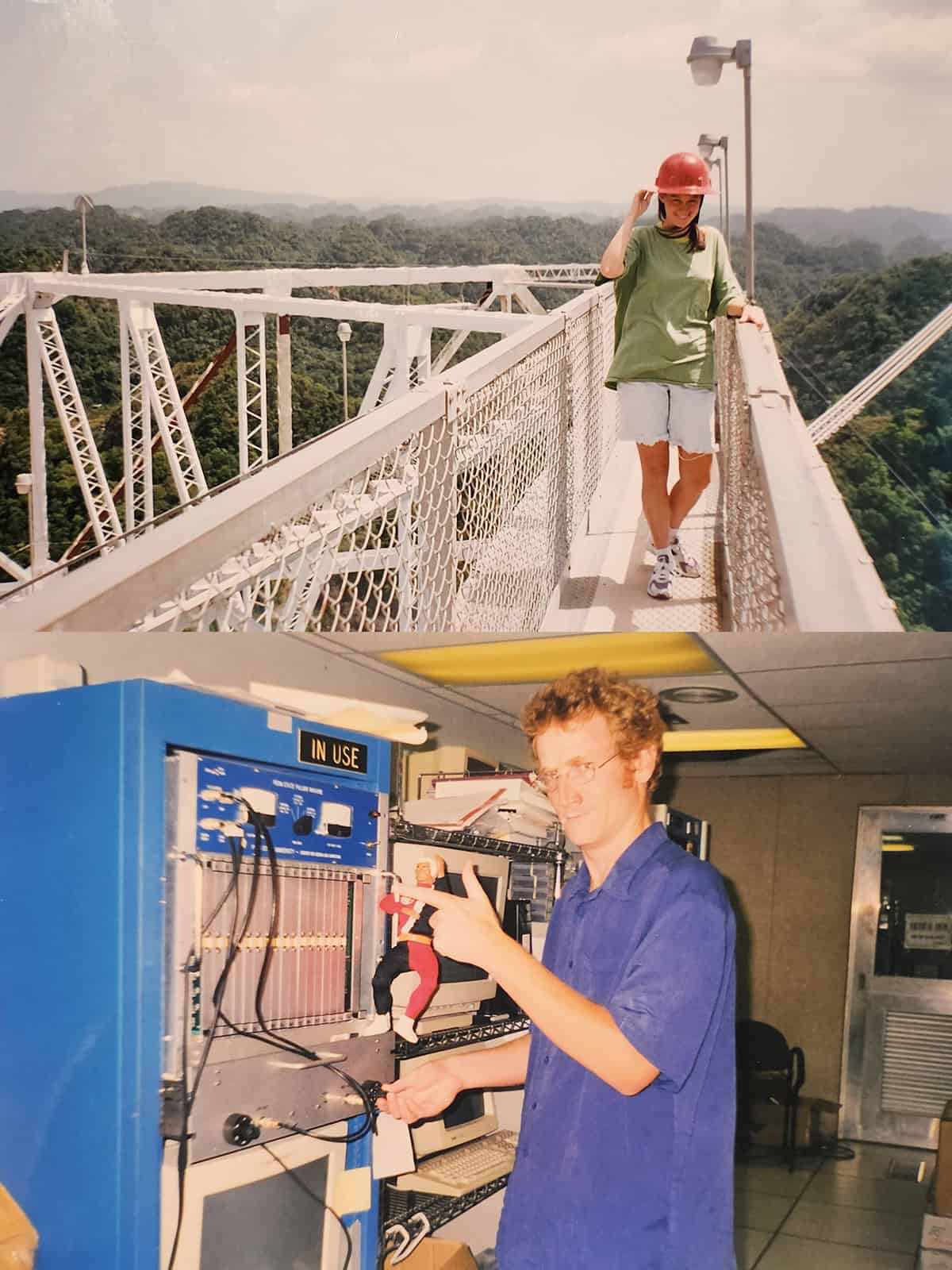 Two photos: a woman stood on a telescope gantry and a man in a control room
