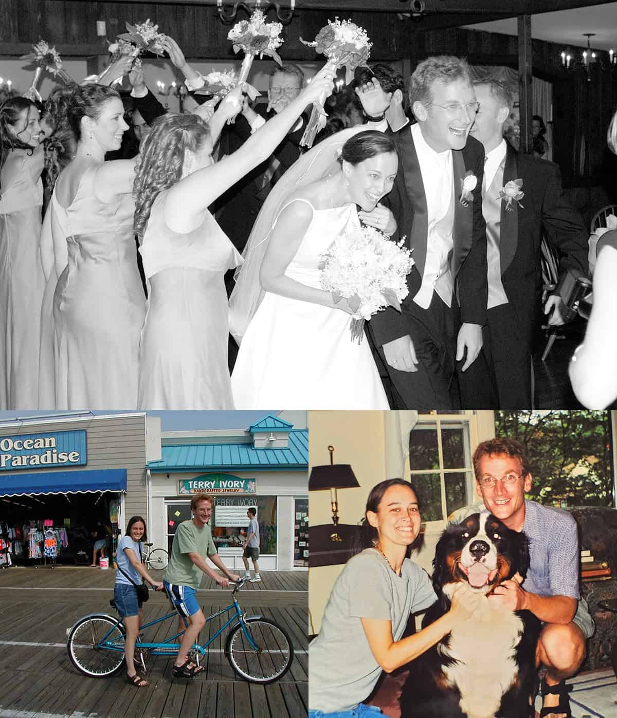 Three photos of the same couple: their wedding; riding a tandem bike; and posing with a dog
