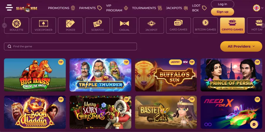Screenshot of SlotVibe casino showing the Crypto Games category of games