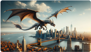 An AI-generated image of a dragon over lower Manhattan and Brooklyn. It mistakenly includes two Empire State Buildings in Brooklyn.