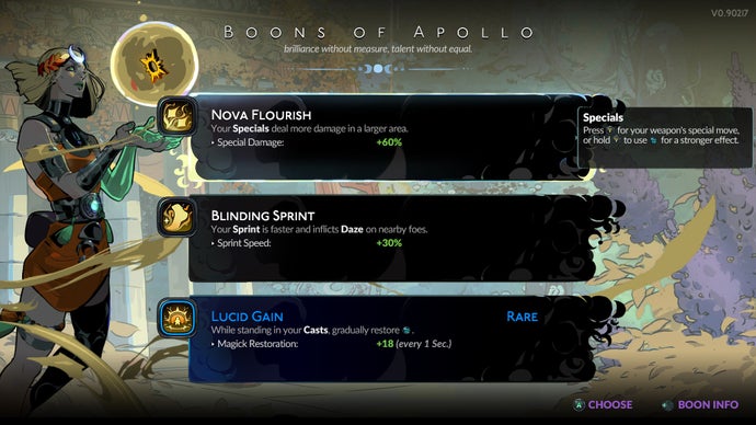 Hades 2 - A choice of boons from Apollo, with descriptions of each boon
