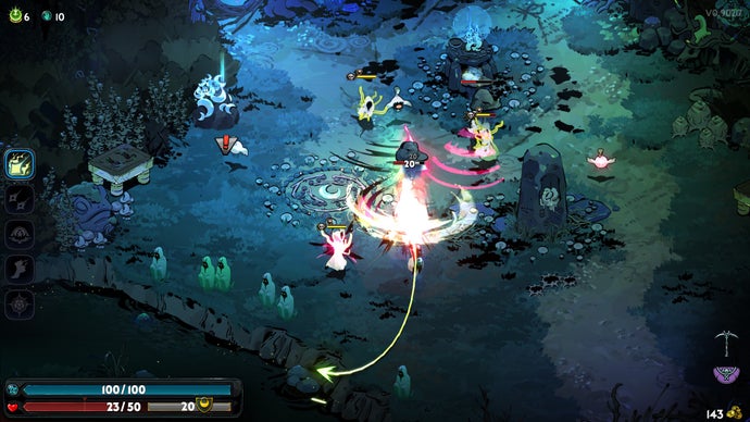 Hades 2 - hectic combat with arcing arrows emerging from the player