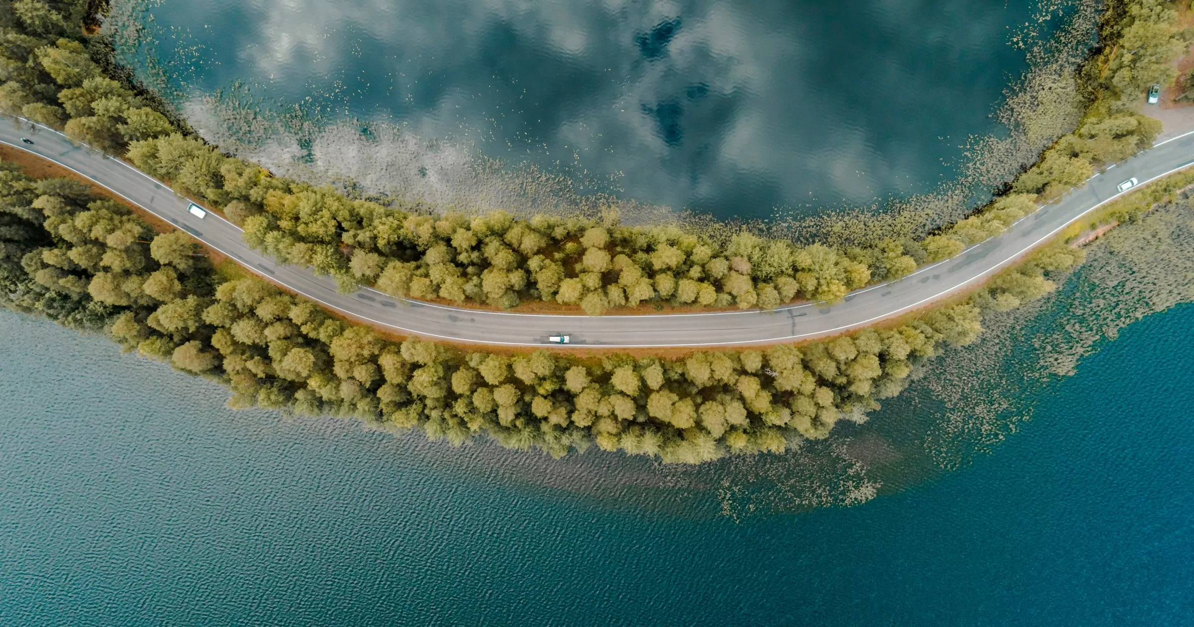 Aerial view of shipping truck on road with trees