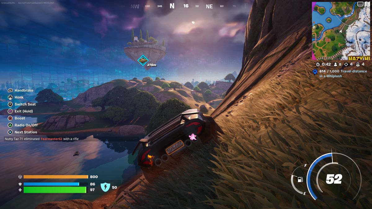 Driving towards the floating island in Fortnite