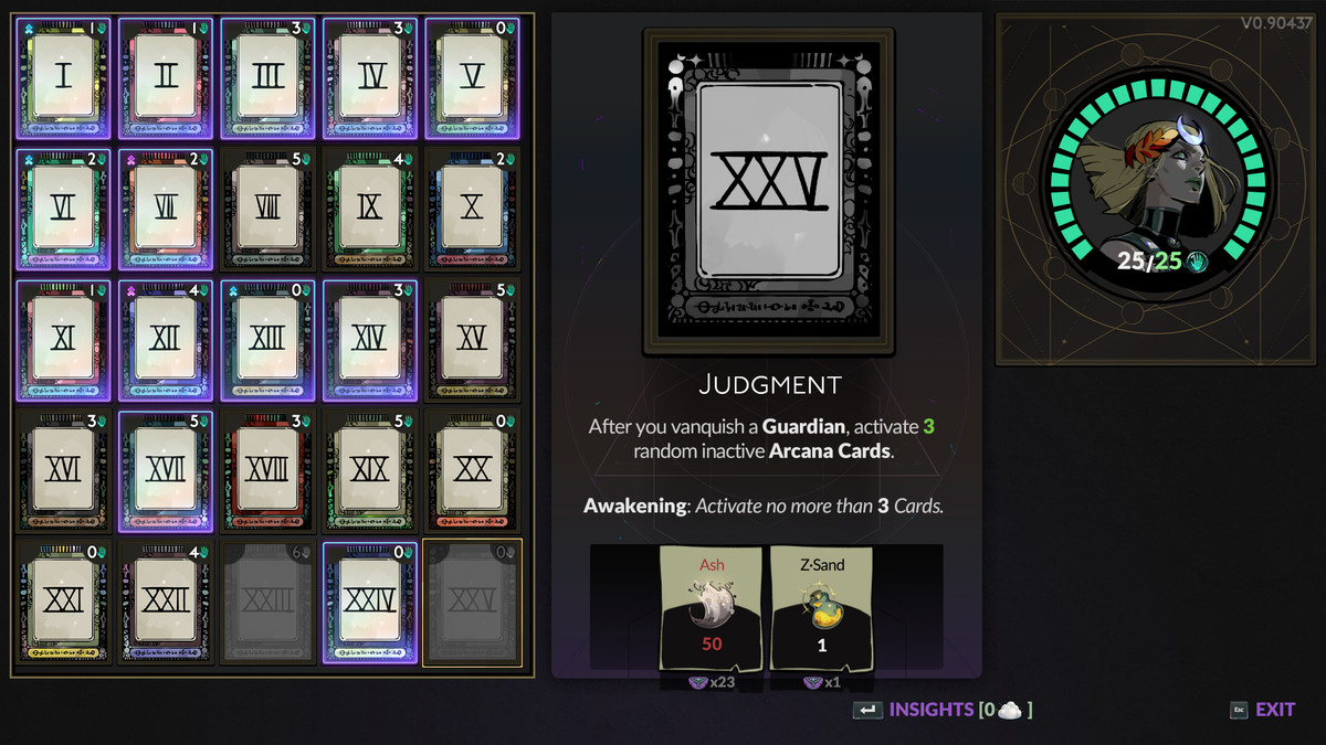 A Hades 2 menu shows the list of Arcana Cards in Hades 2.