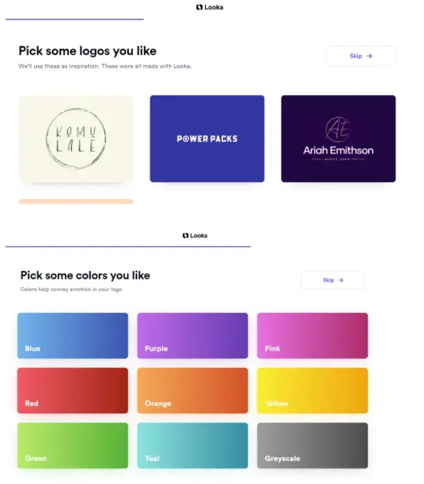 Picking logo examples and colors in Looka, ai for graphic design