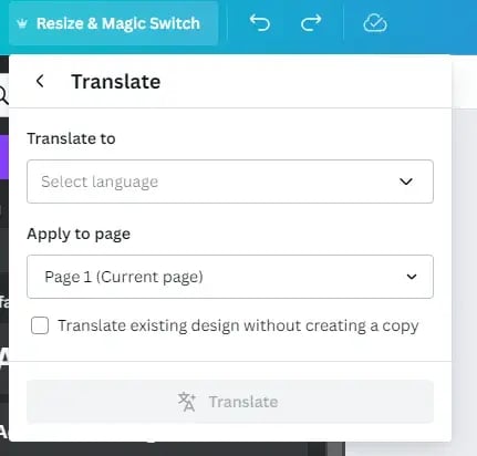 The Translate feature in Canva 
