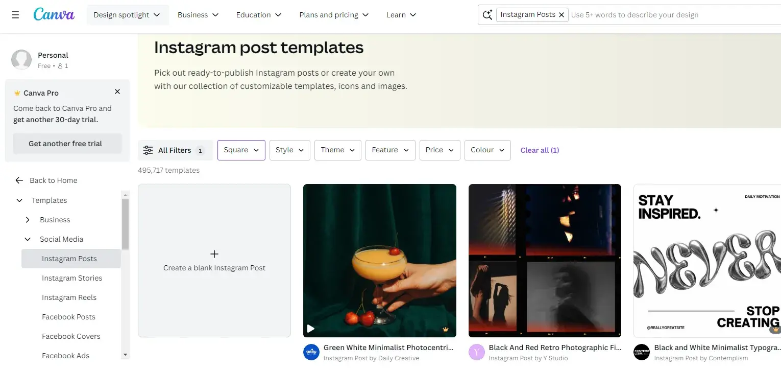 AI tools for graphic design, exploring Instagram post templates in Magic Studio via Canva 