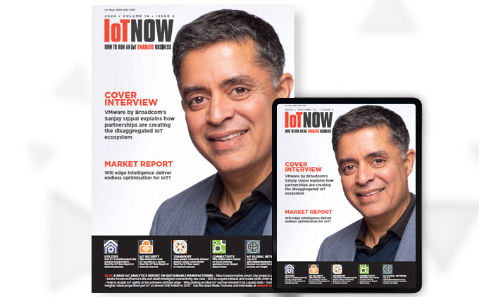 The image shows the cover of IoT Now magazine, which focuses on IoT-enabled business. The cover features a photograph of Sanjay Uppal with short, dark hair and a friendly smile, wearing a dark suit jacket over a black shirt. The magazine issue is Volume 14, Issue 2, dated 2024.