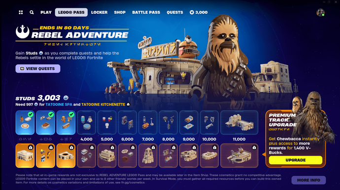 The Lego Fortnite Star Wars event pass, including Chewbacca.
