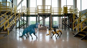 크고 파란색의 푹신한 강아지 옷을 입고 Boston Dynamics의 Spot으로도 알려진 Sparkles를 만나보세요