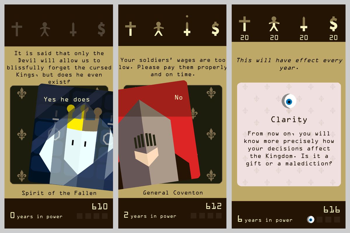 Three screenshots of “Reigns.” The first shows the Spirit of the Fallen card. The second shows the General Coventon card. The third shows the Clarity card.