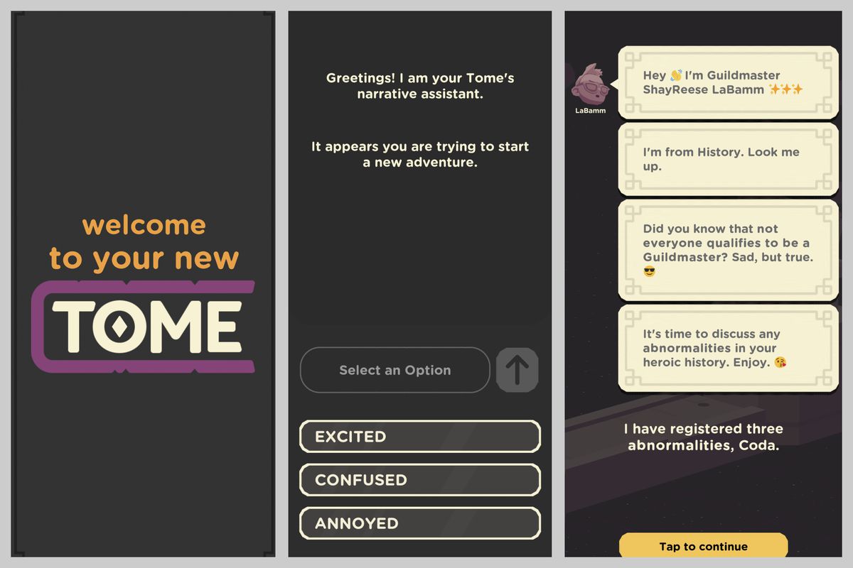 Three screenshots of the chat system in Guildlings. The first reads “welcome to your new TOME,” the second welcomes you to the device, and the third is a conversation with Guildmaster ShayReese LaBamm.