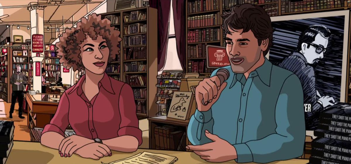 A woman next to a man with a microphone in his hand in a bookstore in They Shot The Piano Player.