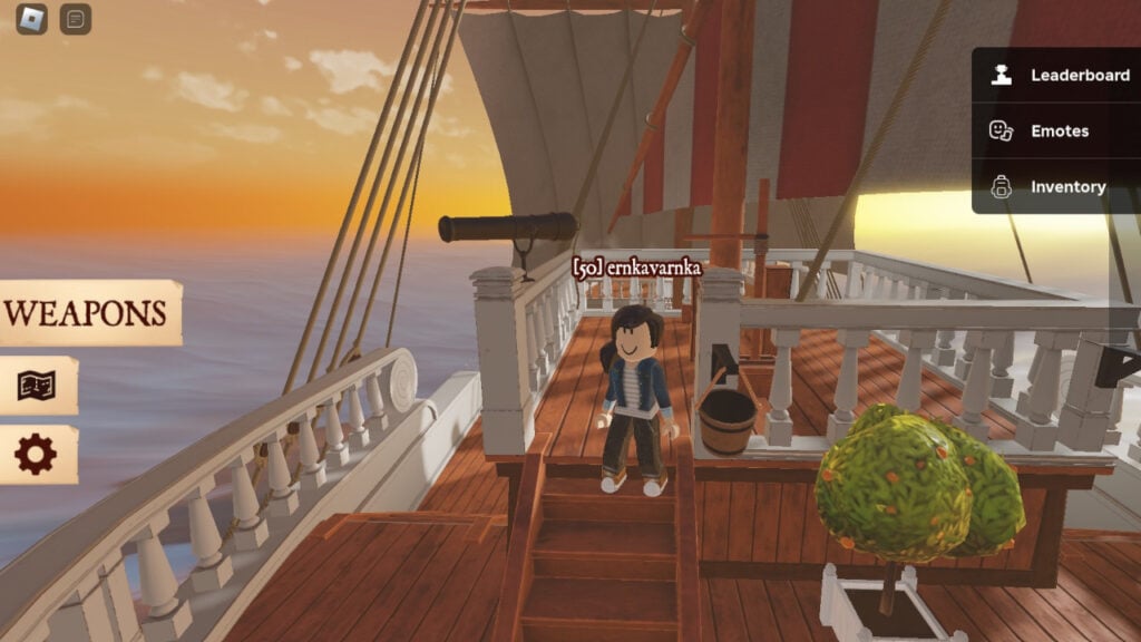 Feature image for our One Piece East Blue Brawls Tier List. Image shows a Roblox character standing on a pirate ship.