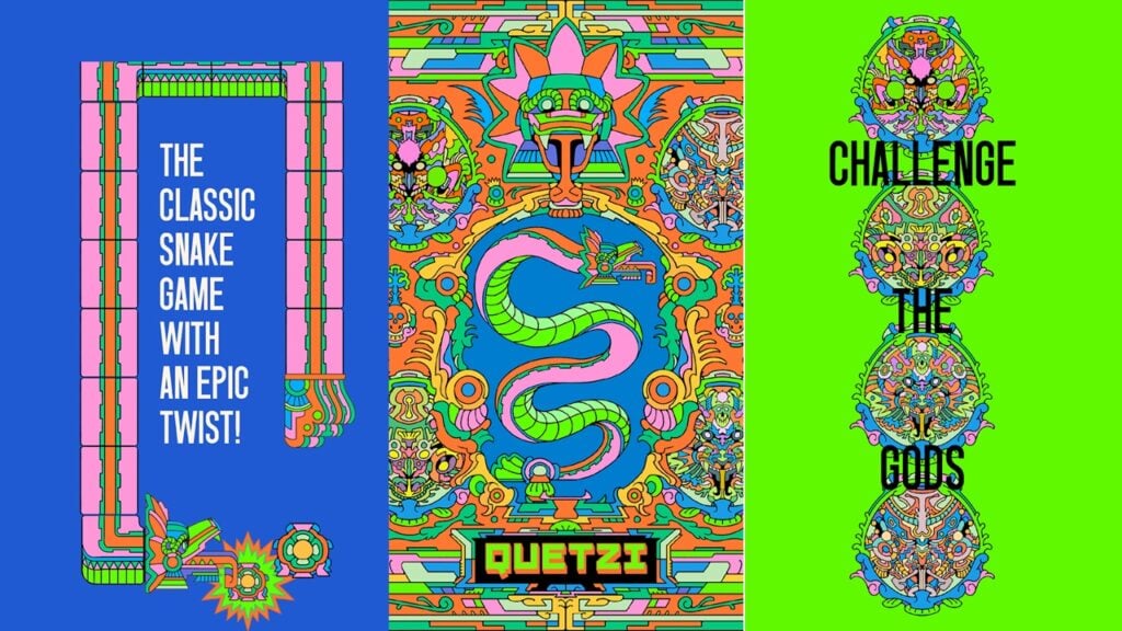 featured image for our news on Quetzi. It features three different screenshots from the game. The leftmost picture is a deep blue background with a vibrant snake on it. The rightmost is a neon green background with intricate art on it (a bit like mandalas). The one in the middle is full of vibrant colours and more intricate designs with a long dragon-like snake in the middle.