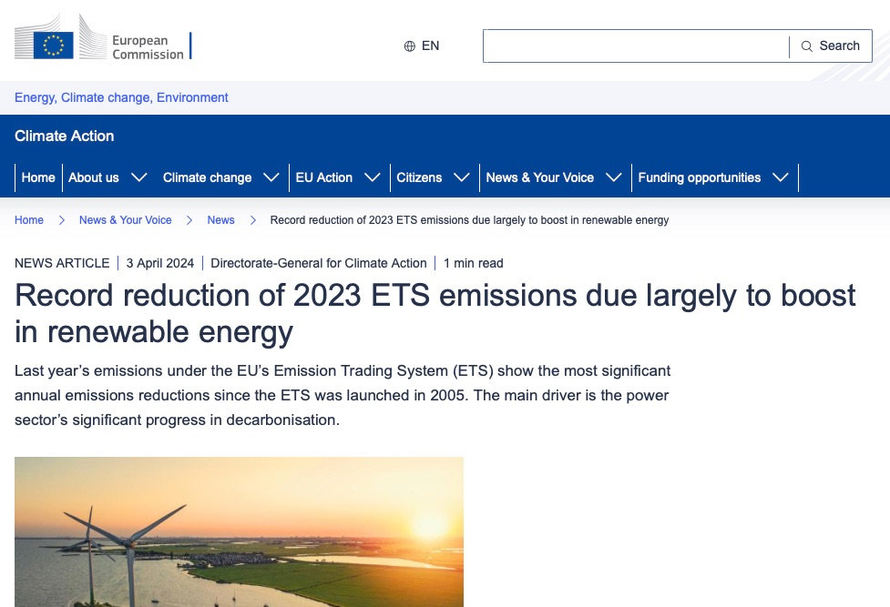 Record reduction of 2023 European ETS emissions.